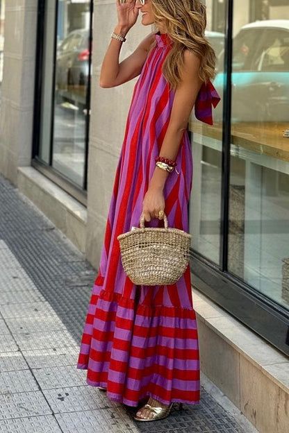 Rosiedress Halter Neck Open Back Striped Ruffle Maxi Vacation Dress