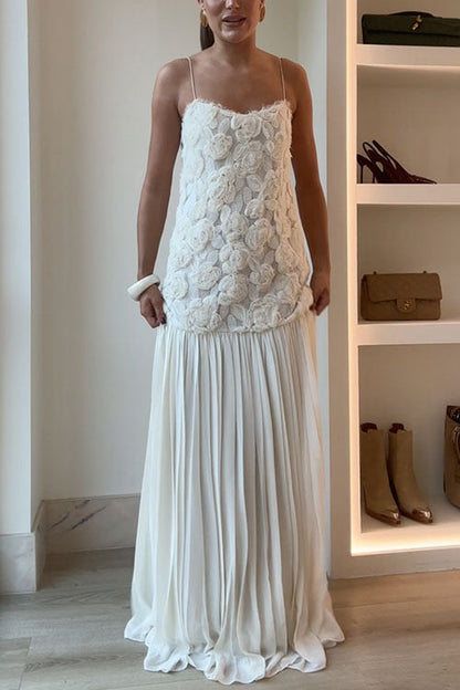 Spaghetti Strap Floral Applique Patchwork Maxi Dress