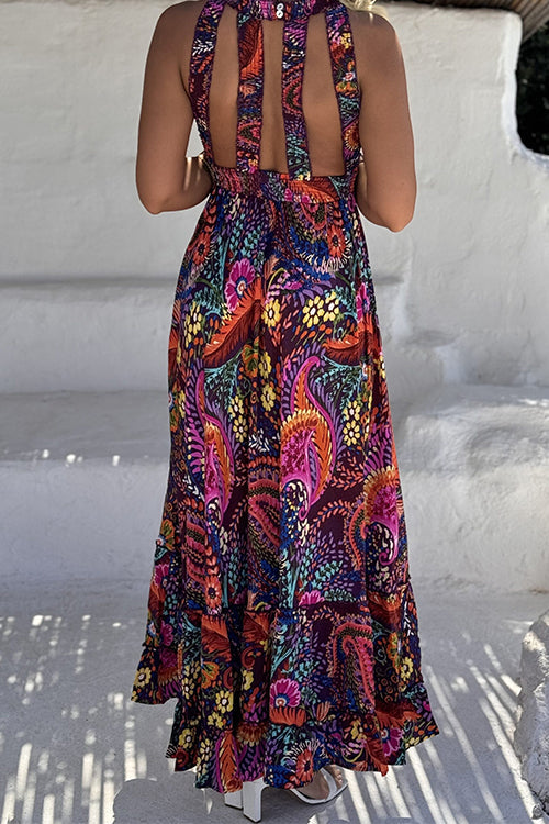 Sleeveless Back Cut Out Unique Print Ruffle Maxi Dress