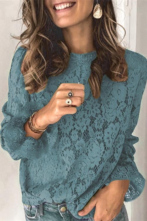 Rosiedress Lace Hollow Out Long Sleeves Tops Blue