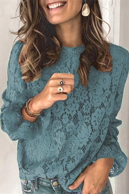 Lace Hollow Out Long Sleeves Tops Blue