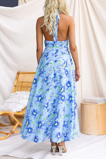 Halter Neck Backless Waisted Floral Print Swing Maxi Dress