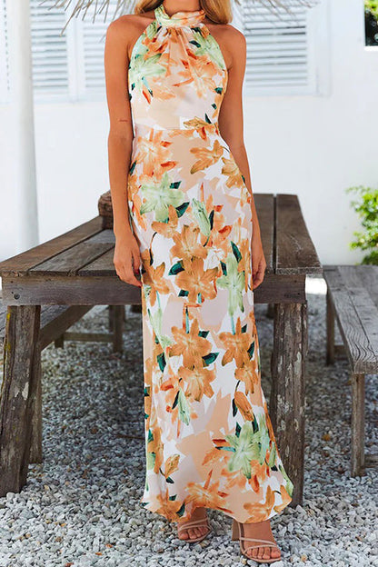 Rosiedress Tie Neck Backless Floral Printed Maxi Flowy Dress Yellow