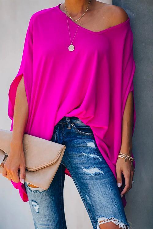 Rosiedress Loose V Neck Batwing Sleeve Solid T Shirt HotPink