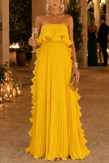 Strapless Tube Ruffle Hem Pleated Maxi Dress