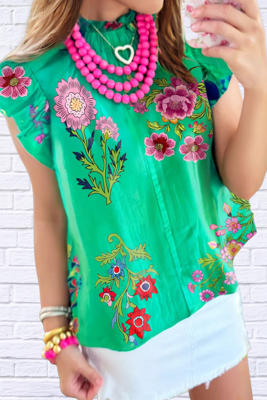 Floral Ruffle Cap Sleeve Blouse