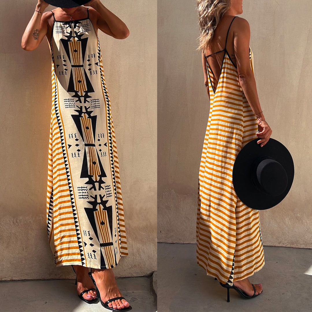 Rosiedress Stripes Splice Backless Ethnic Printed Maxi Cami Dress Printed