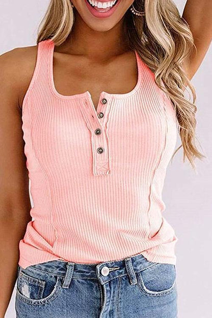 Buttons Sleeveless Stretchy Top Pink