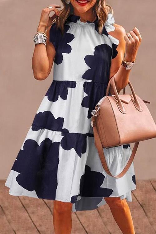 Rosiedress Sleeveless Printed Ruffle Midi Dress White