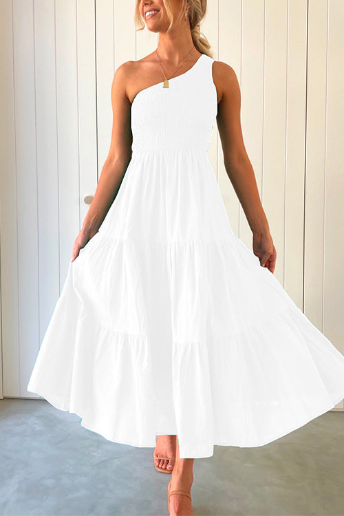 One Shoulder Sleeveless Smocked Ruffle Tiered Maxi Dress White