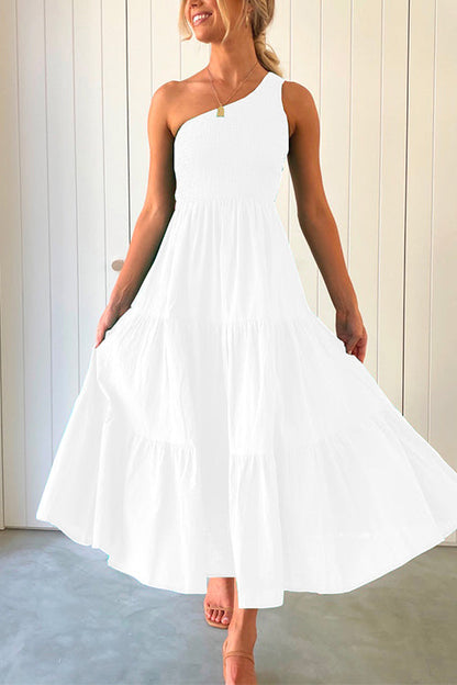 One Shoulder Sleeveless Smocked Ruffle Tiered Maxi Dress White