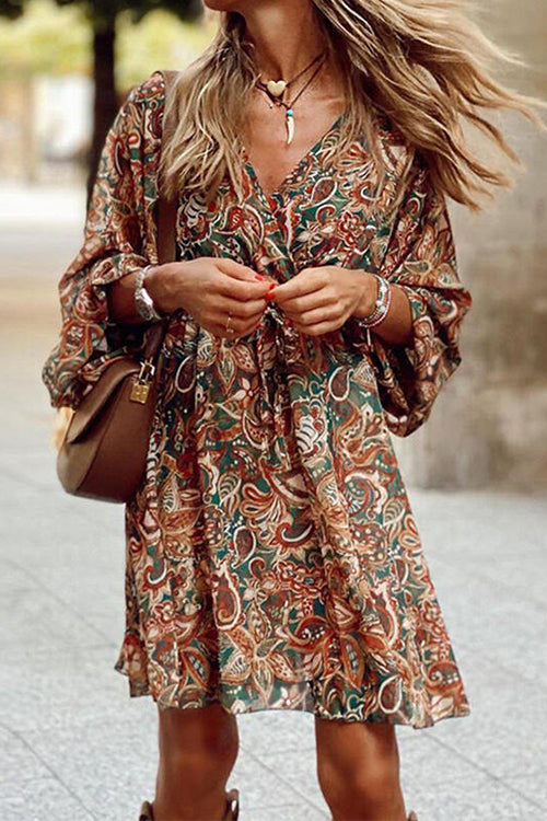 Wrap V Neck 3/4 Sleeves Tie Waist Floral Print Dress Brown