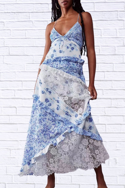 Lace Floral Ruffle Trim Maxi Dress for Women | Elegant Flowy Summer Dress | Romantic Wedding Guest & Vacation Dress