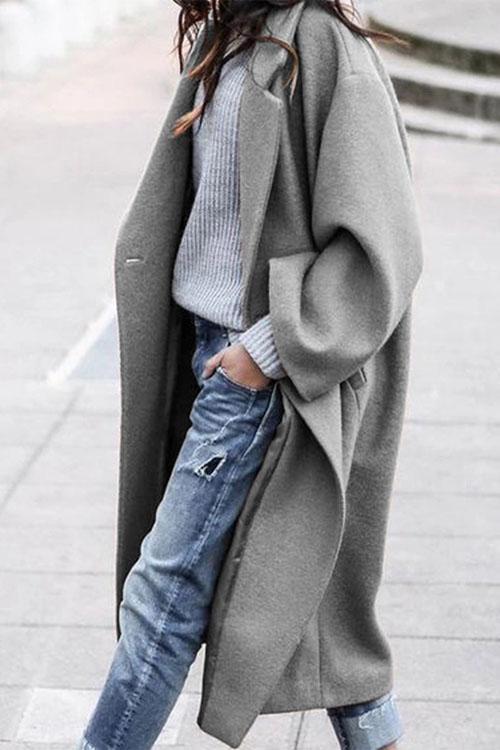 Rosiedress Solid Long Sleeve Oversized Winter Long Coat Gray