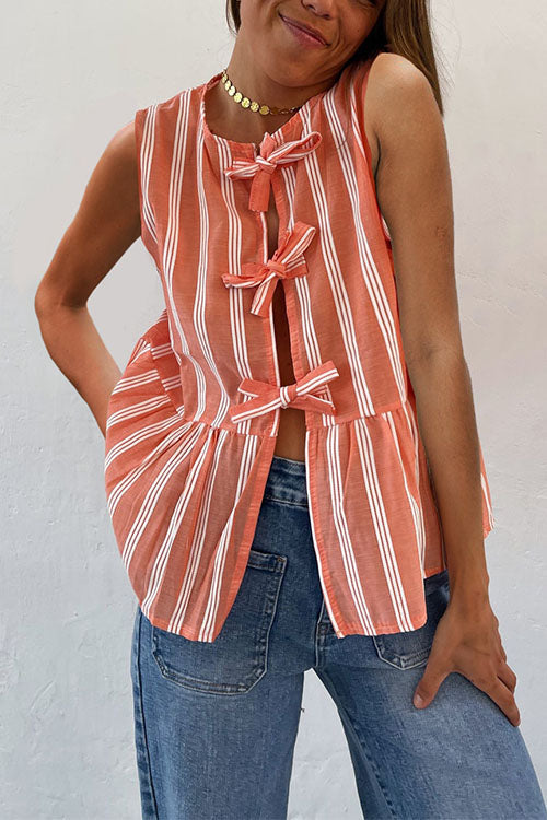 Crewneck Sleeveless Striped Ruffle Bow Top