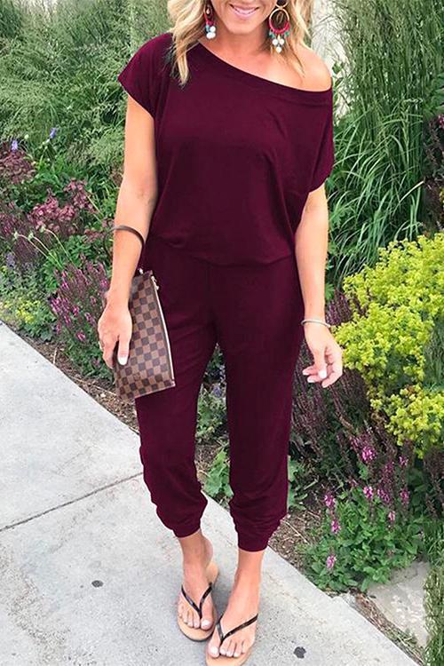 Rosiedress Solid Cold Shoulder Short Sleeves Elastic Waist Loungewear Jumpsuit Burgundy