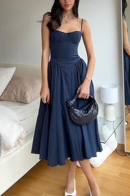 Spaghetti Strap Pocketed Corset Swing Midi Dress DarkBlue