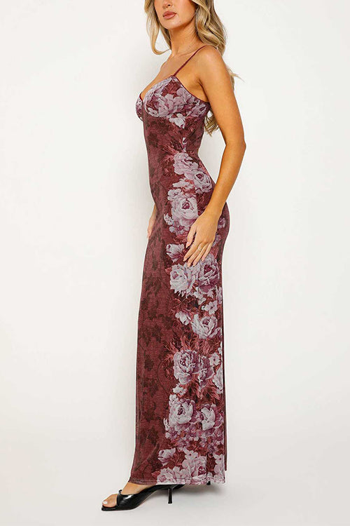 Rosiedress Spaghetti Strap V Neck Floral Print Bodycon Maxi Dress