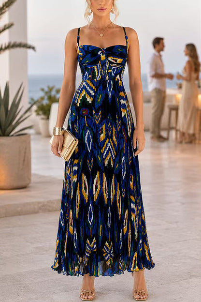 Sweetheart Neck Aztec Print Pleated Maxi Dress