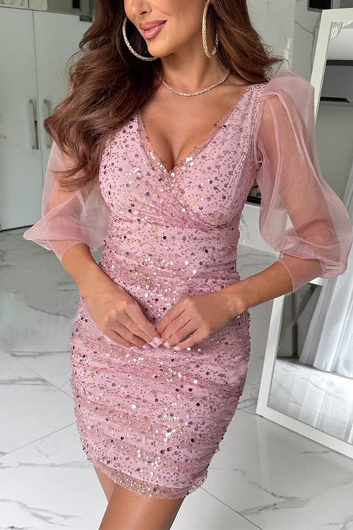 Rosiedress V Neck Ruched Mesh Sequin Bodycon Mini Dress