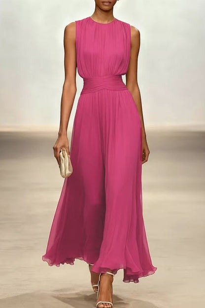 Crewneck Sleeveless Zipper Back Waisted Maxi Dress