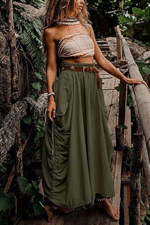 Side Drawstring Ruched Cotton Linen Baggy Maxi Skirt ArmyGreen