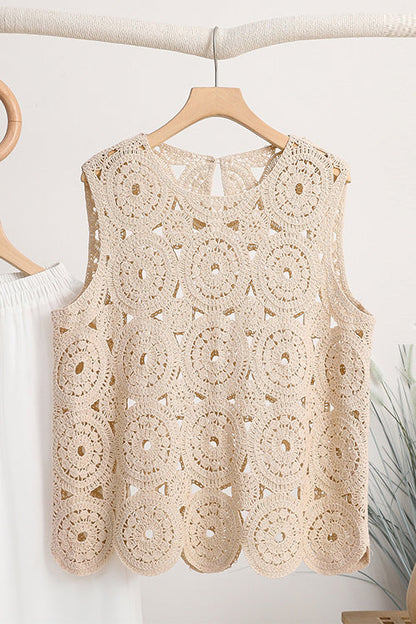 Round Neck Sleeveless Hollow Out Crochet Top Beige OneSize
