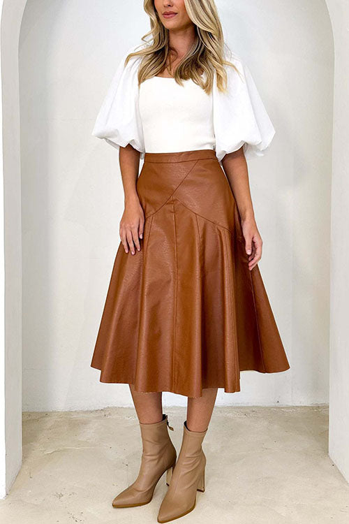 Rosiedress High Waist Faux Leather A-line Flare Midi Skirt