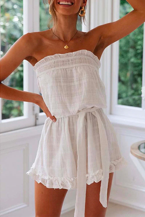 Rosiedress Off Shoulder Sleeveless Tie Waist Ruffle Romper White