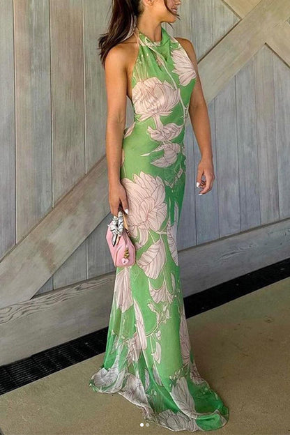 Halter Open Back Sleeveless Floral Print Maxi Dress