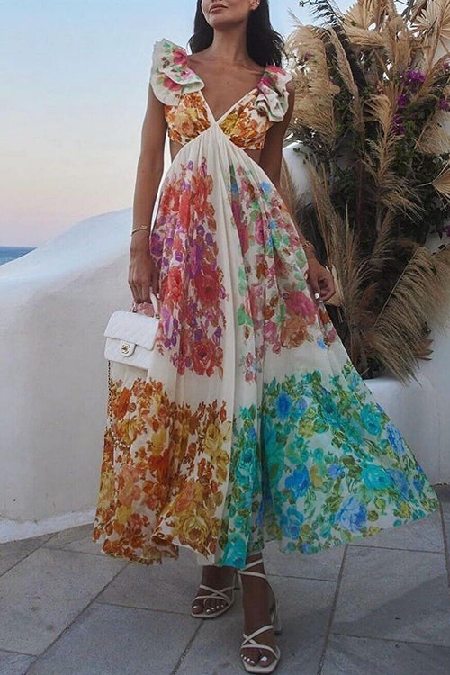 Rosiedress V Neck Open Back Ruffle Trim Color Block Floral Maxi Holiday Dress Floral