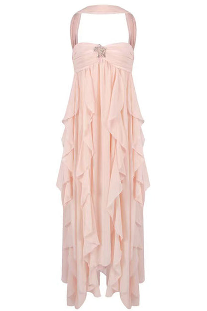 Sleeveless Open Back Ruffle Trim Slit Maxi Dress