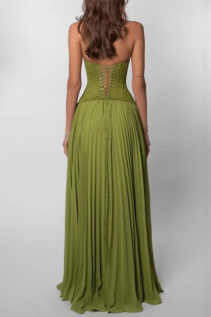 Halter Neck Back Lace-up Pleated Maxi Dress