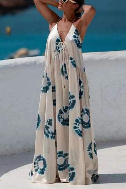 Rosiedress Halter V Neck Open Back Printed Swing Maxi Vacation Dress Beige