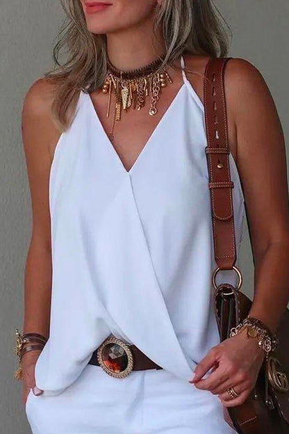 V Neck Solid Summer Cami Top White