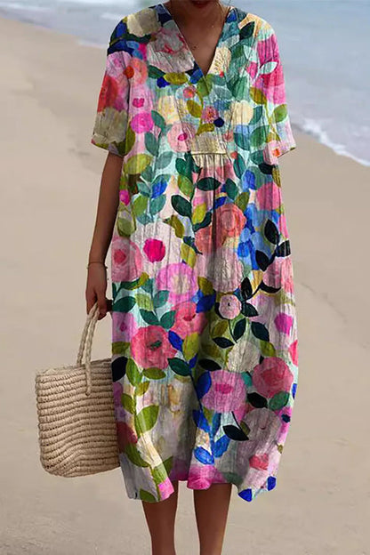V Neck Short Sleeves Floral Print Loose Midi Vacation Dress HotPink