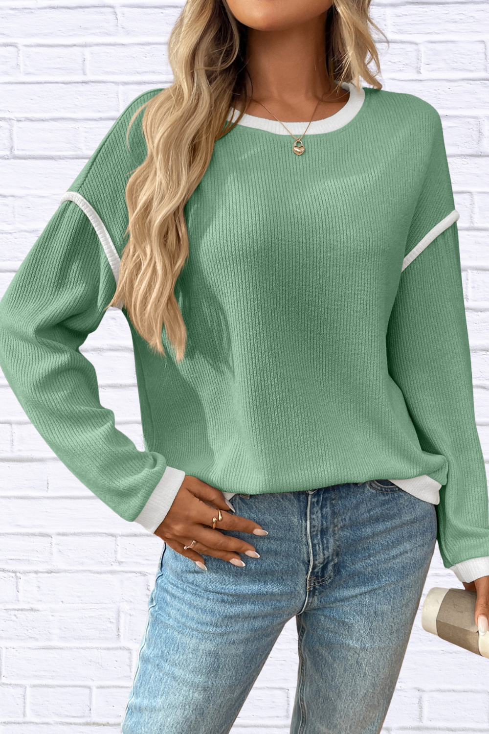 Ribbed Contrast Trim Long Sleeve Top