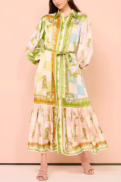 Rosiedress Lantern Sleeves Tie Waist Unique Print Ruffle Maxi Shirt Dress