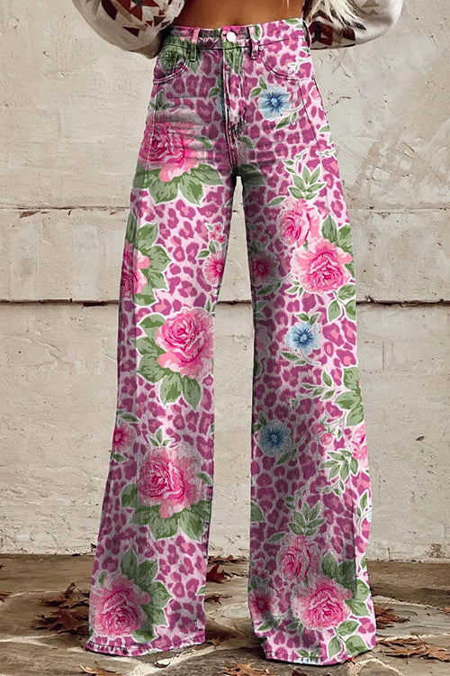 Rosiedress Leopard Floral Print Wide Leg Pocketed Pants Pink