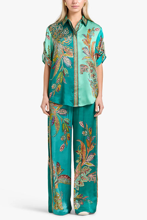 Rosiedress Roll Up Short Sleeves Shirt and Wide Leg Pants Printed Satin Set