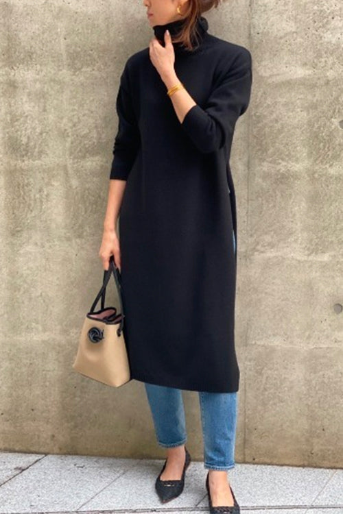 Turtleneck Drop Shoulder Side Slit Loose Sweater Dress Black