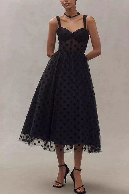 A-Linien-Midi-Camisole-Kleid aus gepunktetem Mesh mit V-Ausschnitt