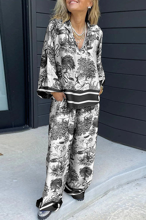 Lapel V Neck Long Sleeves Shirt Wide Leg Pants Printed Casual Set Black