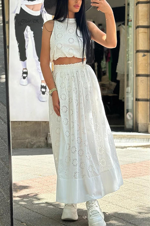 Rosiedress Elastic Waist Lace Hollow Out Pocketed Maxi Skirt