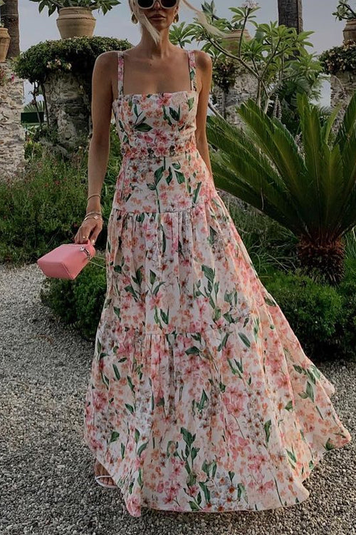 Square Neck Floral Print Ruffle Tiered Maxi Cami Dress