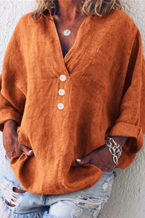 Rosiedress V Neck Long Sleeve Cotton Linen Shirt Orange