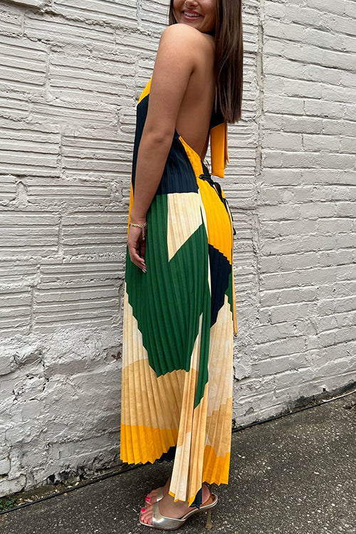 Rosiedress Halter Backless Color Block Printed Maxi Pleated Dress