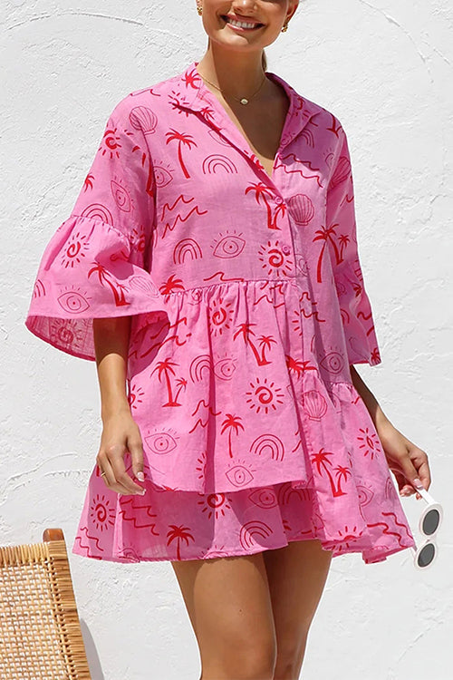 Rosiedress Flare Sleeves Button Down Graffiti Print Ruffle Shirt Dress HotPink