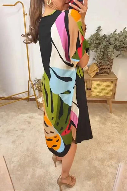 Rosiedress V Neck Short Sleeves Printed Flowy Midi Shift Dress