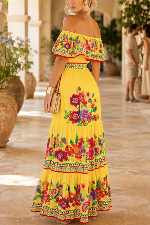 Off Shoulder Floral Print Ruffle Swing Maxi Dress